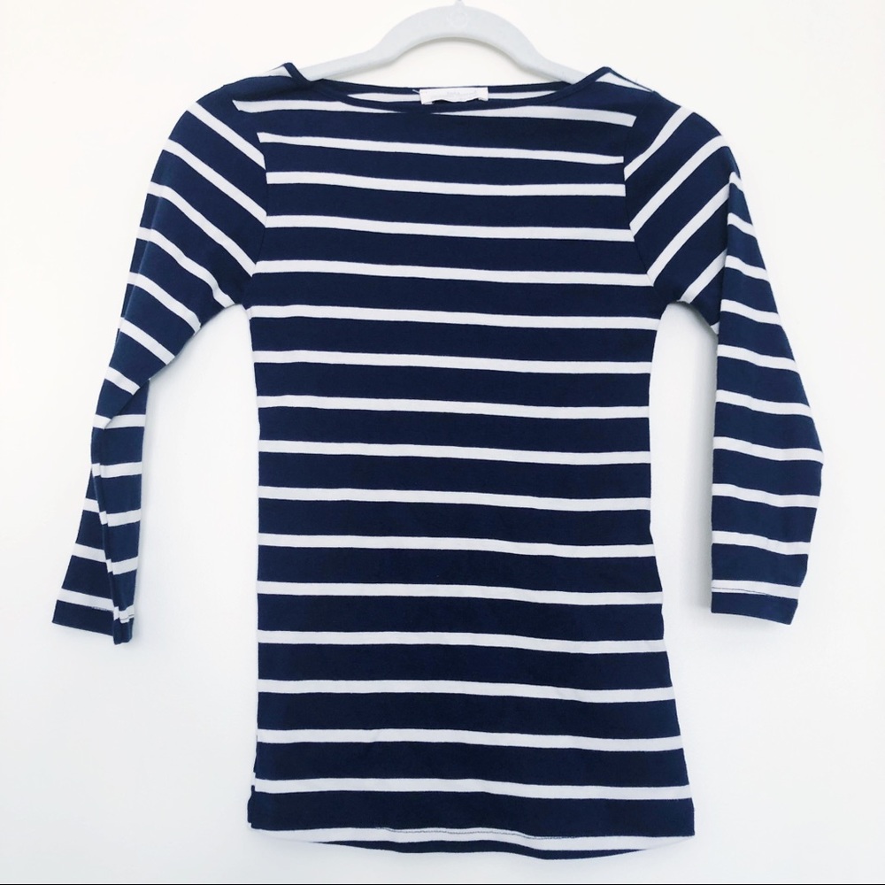 ZARA Navy and White Stripe Boatneck Tee 3/4 Sleeve